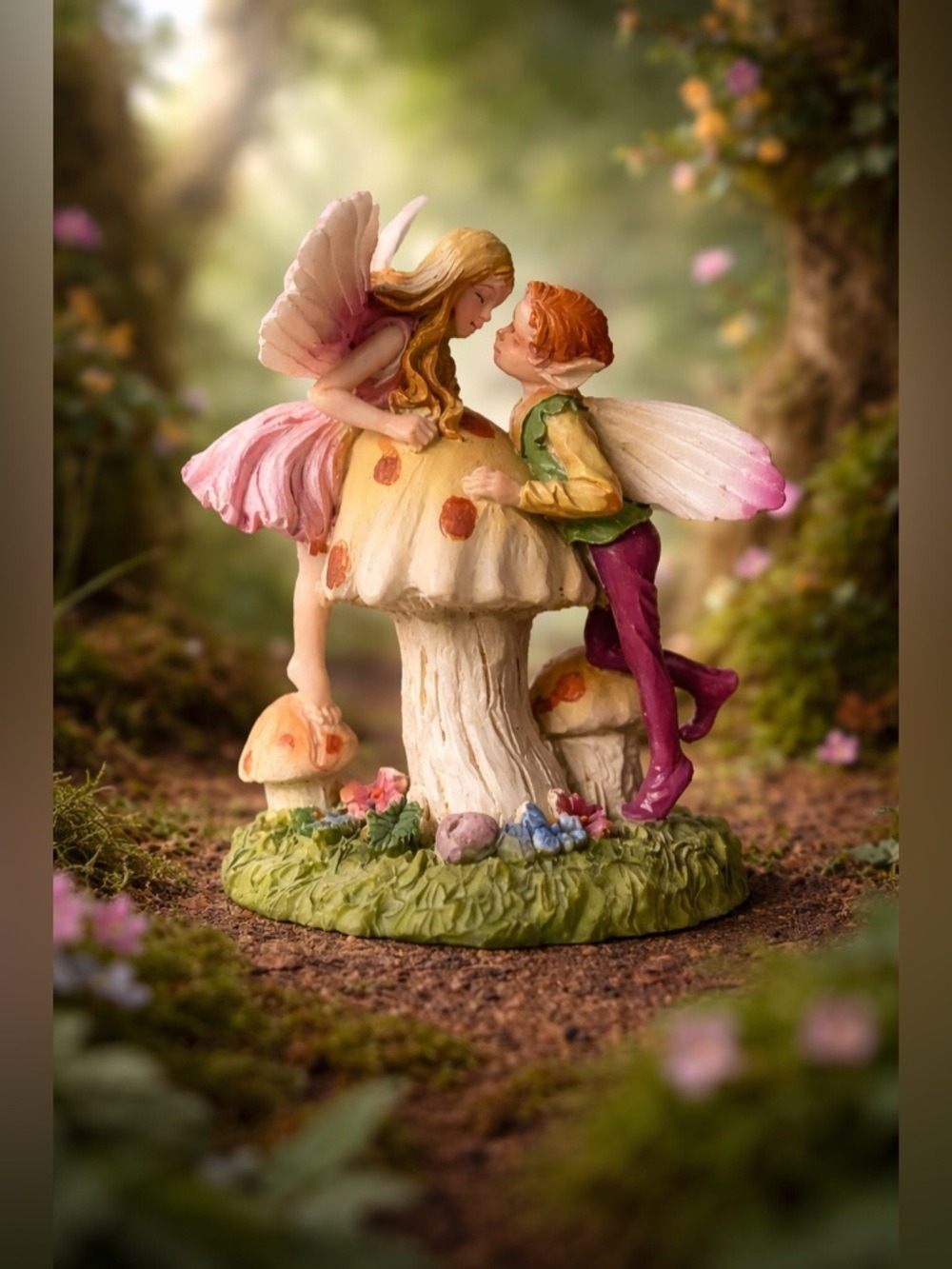 Enchanted Fairy Lovers Figurine • Hand-Painted Woodland Couple on Mushroom • Art